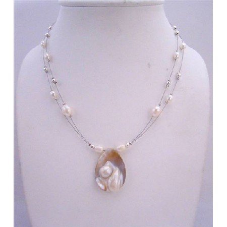 N454 Natural Shell Pearls Pendant Double Stranded Wire Necklace w/Pearls & Silver Beads