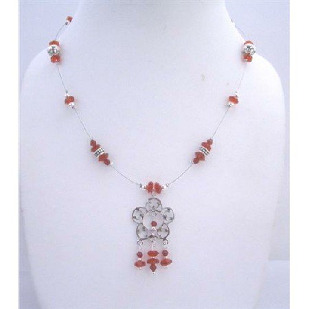N455Silver Oxidized Flower Pendant Necklace w/Red Glass Beads & Bali Silver Beaded Necklace