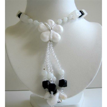 N429 White Flower Glass Pendant Tassel Necklace Black & White Beads Long Necklace