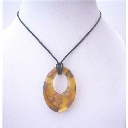 N349Topaz Painted Murano Glass Oval Pendant Hand Painted Pendant w/ Black Chord Necklace
