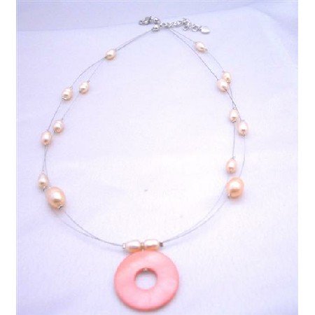 N339 Double stranded Necklace Freshwater Pearls w/ Round Shell Pendant Peach/Pink Necklace