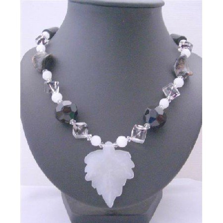 N634 Fancy Glass Beads Black & White Long Necklace w/ Murano Glass Twisted Leaf Long Necklace
