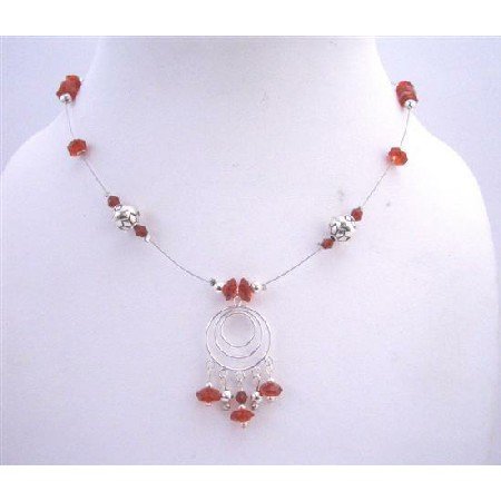 N436 Sterling Silver Multi Round Pendant Necklace Red Multifaceted Glass Beads & Silver Bali Beads