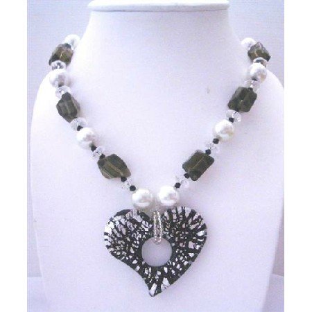 N635 Murano Heart Glass Pendant w/ Fancy Glass Beads 30 Inches Long Necklace