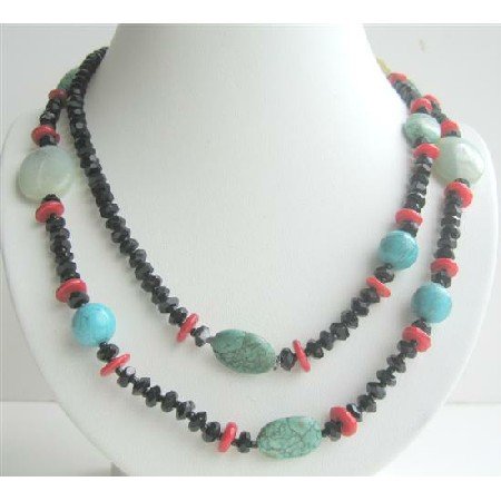 N448 Semi Precious Stone Beaded Long Necklace Coral Onyx Turquoise & Multi Beads Necklace