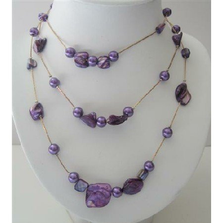 N561 Purple Shell & 3 Stranded Pearls Long Necklace Shell w/ Simulated Pearls