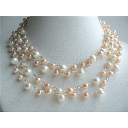 N447 Freshwater Pearls Long Necklace 68 Inches White Peach Freshwater Pearl