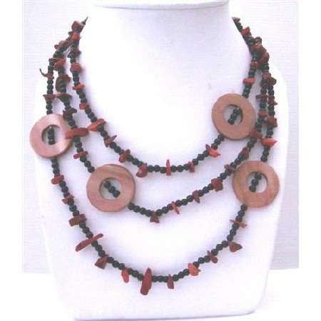 N605 Long NEcklace Coral Nuggets Onyx Beads & Dyed Mother Shell Rings 58 Inches Long Necklaces
