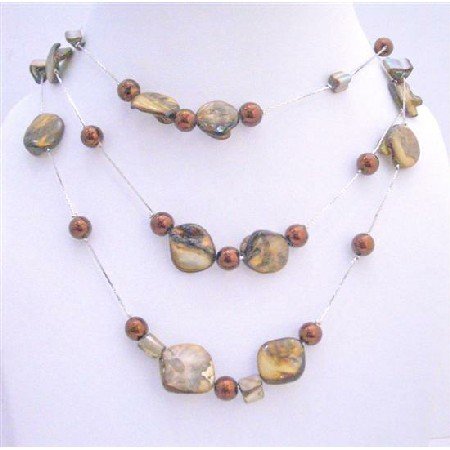 N116 Three Stranded Necklace Brown Shell w/ Brown Simulated Pearls Brown Beads Necklace