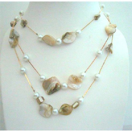 N481 3 Strands Shell & Pearls Long Necklace White Shell & Simulated Pearls 26 Inches Necklace