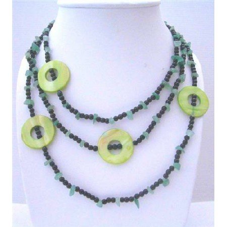 N606 Jade Nuggets Onyx Beads & Green Dyed Mother Shell Rings 58 Inches Long Necklaces