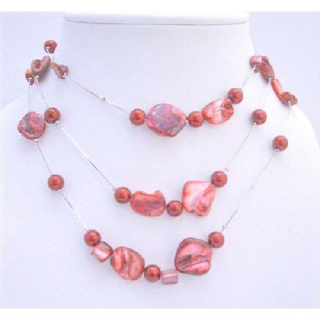 N434 Striking Sexy Red Shell Necklace w/ Red Pearls Three Stranded Silver Plated Necklace