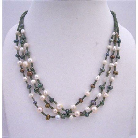 N426 3 Stranded Necklace Freshwater Pearls Metallic Brown Cream & Tumarine Green w/ Jade Beads
