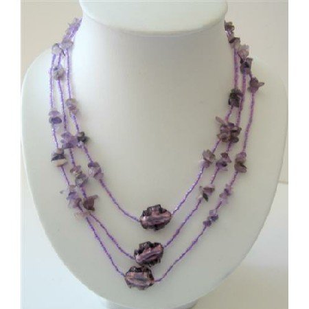 N467 Long Purple Necklaces 60 Inches Beaded Amethyst Nugget Long Necklace