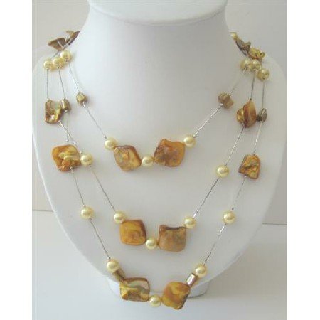 N482 Shell & Pearls Long Necklace Leamon Shell and Simulated Yellow Pearls 26 Inches Necklace