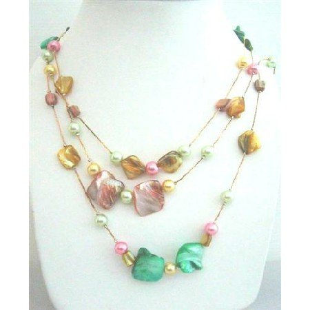 N616 Multi Shell & Pearls 3 Strands Long Necklace Multi Shell & Simulated Pearls 26 Inches Necklace
