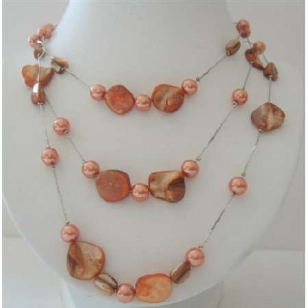 N560 Peach Shell & Pearls 3 Stranded Long Necklace Shell w/ Simulated Pearls 26 Inches Necklace