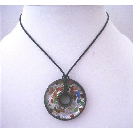 N642 Painted Murano Glass Round Pendant Genuine Glass Pendant Painted w/ Black Chord Necklace