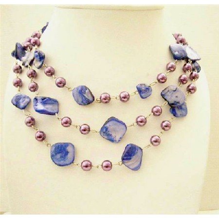 N610 Indigo Color Dyed Mother Shell w/ Synthetic Pearls 3 Stranded Long Necklace