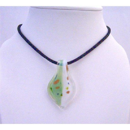 N653 Murano Leaf Glass Pendant Hand Painted Genuine Glass Pendant w/ Chord Necklace