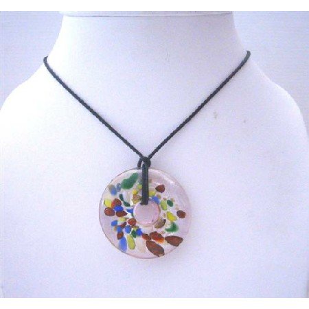 N648 Murano Glass Round Hand Painted Pendant Glass Pendant Painted w/ Black Chord Necklace