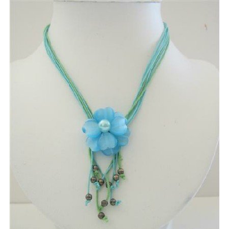N659 Multi Stranded Neckalce w/ Cool Blue Flower Pendant
