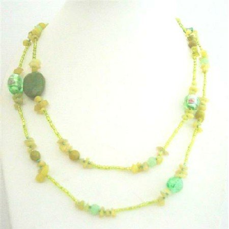 N622 Apple Jade Stone Nugget Millefiorri Mirano Glass Beads Long Necklace Multi Assorted Beads