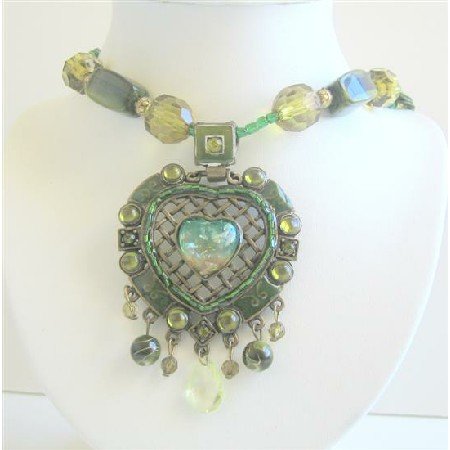 N491 Green Multi Stranded Necklace Holding Traditional Heart Pendant w/ Dangling Beads Necklace