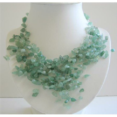 N402 Beautiful Green Jade Stone Chips Nugget Beads Necklace Multi Dangling Tassel Necklace
