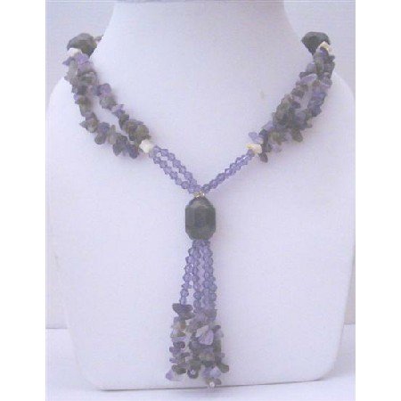 N418 Long Necklace Amethyst Nugget Long Necklace w/ Simulated Amethyst Crystals
