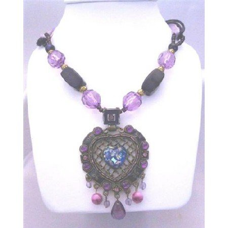 N607 Acrylic Beaded Necklace w/ Trendy Traditional Heart Pendant Acrylic Beads Tassel Necklace
