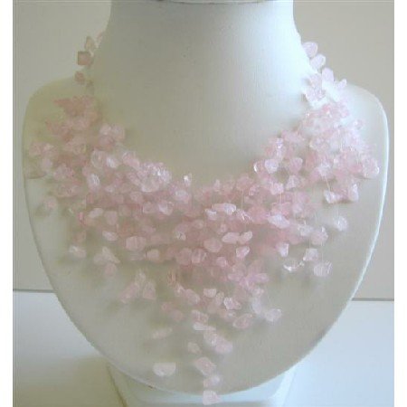 N401 Rose Quartz Tassel Necklace Pink Quartz Stone Chip Nuggets Beads Necklace