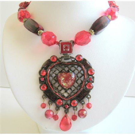 N039 Beautiful Necklace Sexy Red Heart Embedded In Ethnic Oxidized Metal Multi Stings Necklace