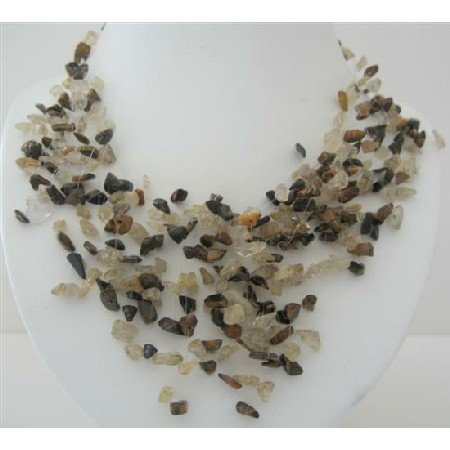 N566 Tiger Eye Nugget Necklace w/ Opal Stone Chip Multiple Drop Tassel Lovely Necklace