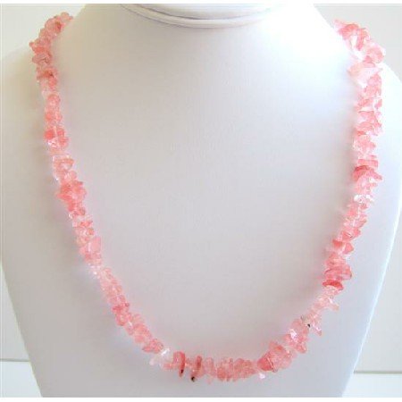 N084 Soothing Stylish Necklace Rose Pink Nuggets Accented Long Necklace