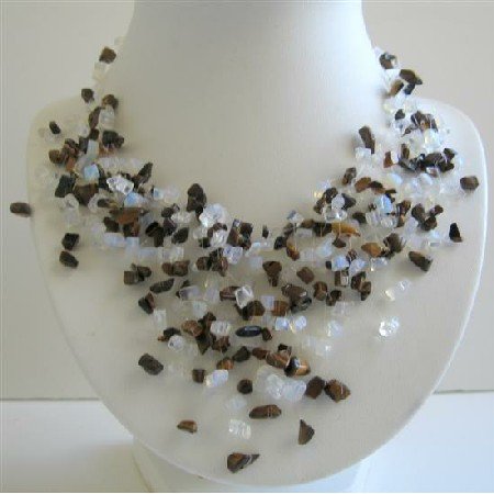 N435 White Opal Nuggets Multi Tassel Necklace w/ Tiger Eye Nugget Classy Handmade Necklace