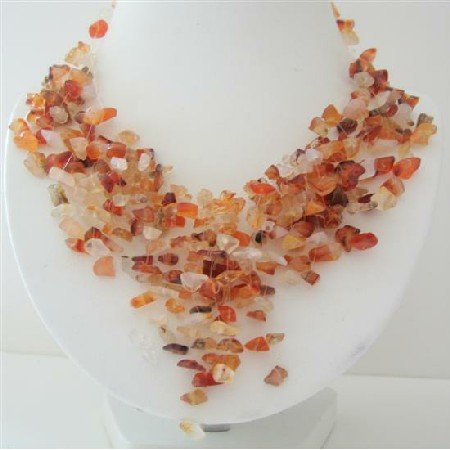 N567 Carnelian Stone Nugget Necklace Stone Chip Multiple Drop Tassel Lovely Necklace