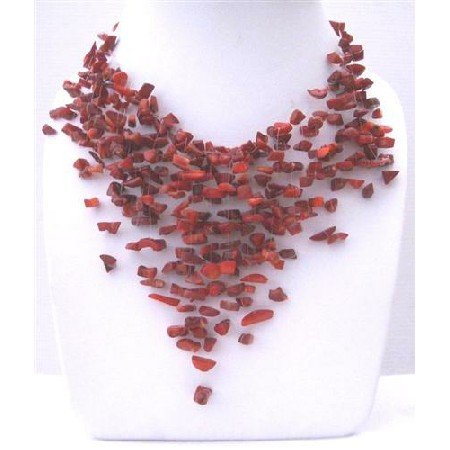 N601 Coral Stone Nugget Necklace Stone Chip Multiple Drop Tassel Lovely Necklace