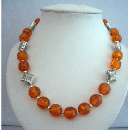 N356 Natural Amber Beads Jewelry Necklace Silver Bali Spacing Round Beads