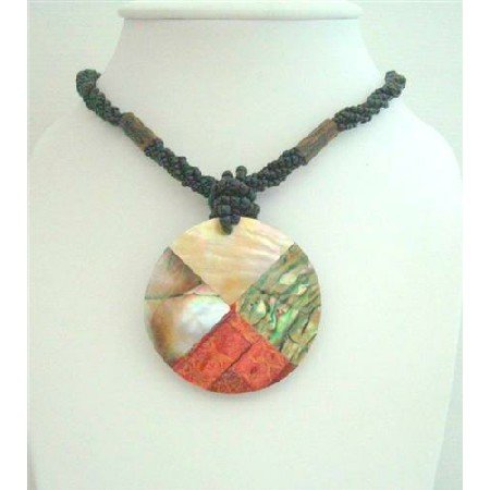 N614Black Beaded Necklace w/ Coral Mother Shell Abalone Pendant All Embedded Pendant Necklace