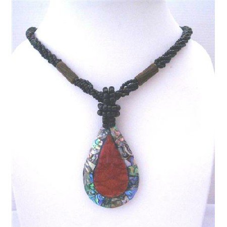 N405 Multi Strand Black Beaded Necklace With Abalone Teardrop Embedded Coral Stone