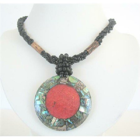N594 Black Beaded Necklace Button Clasp w/ Abalone Round Pendant Embedded Coral Stone