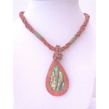 N591 Red Multi Strand Beaded Necklace w/ Abalone Teardrop Embedded Coral Stone