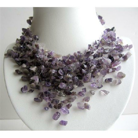N609 Amethyst Stone Nugget Necklace Stone Chip Multiple Drop Tassel Lovely Necklace