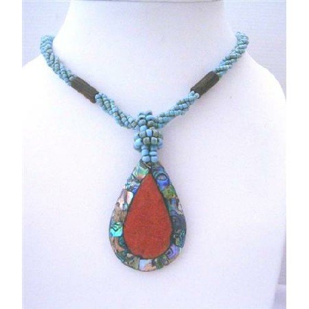 N486 Multi Strand Turquoise Beaded Necklace With Abalone Teardrop Embedded Coral Stone