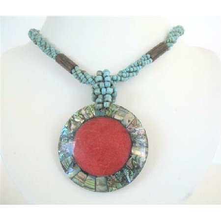 N595 Turquoise Beaded Necklace w/ Abalone Round Pendant Embedded Coral Stone