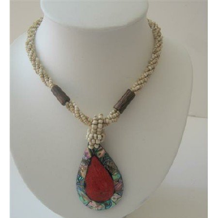 N406 Multi Strand Cream Beaded Necklace W/ Abalone Teardrop Embedded Coral Stone