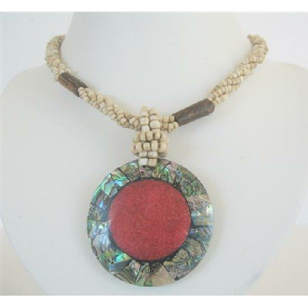 N593 Cream Beaded Necklace Button Clasp w/ Abalone Round Pendant Embedded Coral Stone