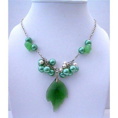N513 Emerald Crystals Leaf Pendant Fashion Jewelry w/ Simulated Crystals Pendant and Pearls