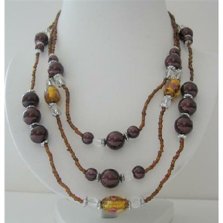 N569 3 Stranded Golden Beads Necklace Simulated Brown Pearls Millefiori Painted Beads